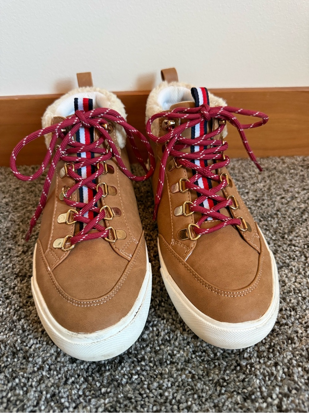 Tommy Hilfiger Tan Faux-Shearling Sneakers with Burgundy Laces